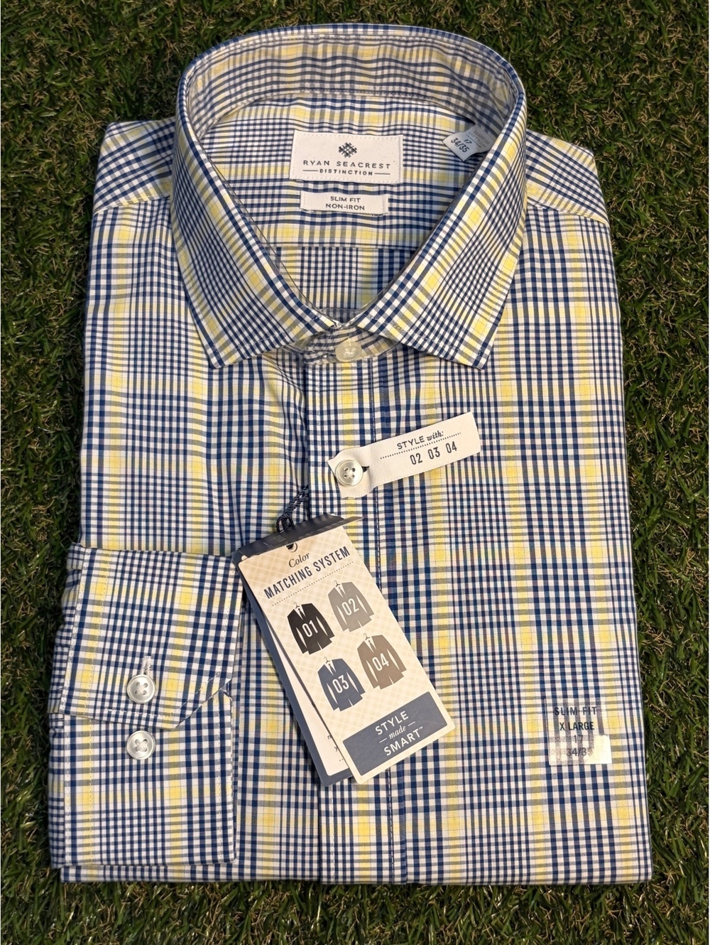 Ryan Seacrest Distinction Slim Fit Non-Iron Dress Shirt - Blue and Yellow Plaid,
